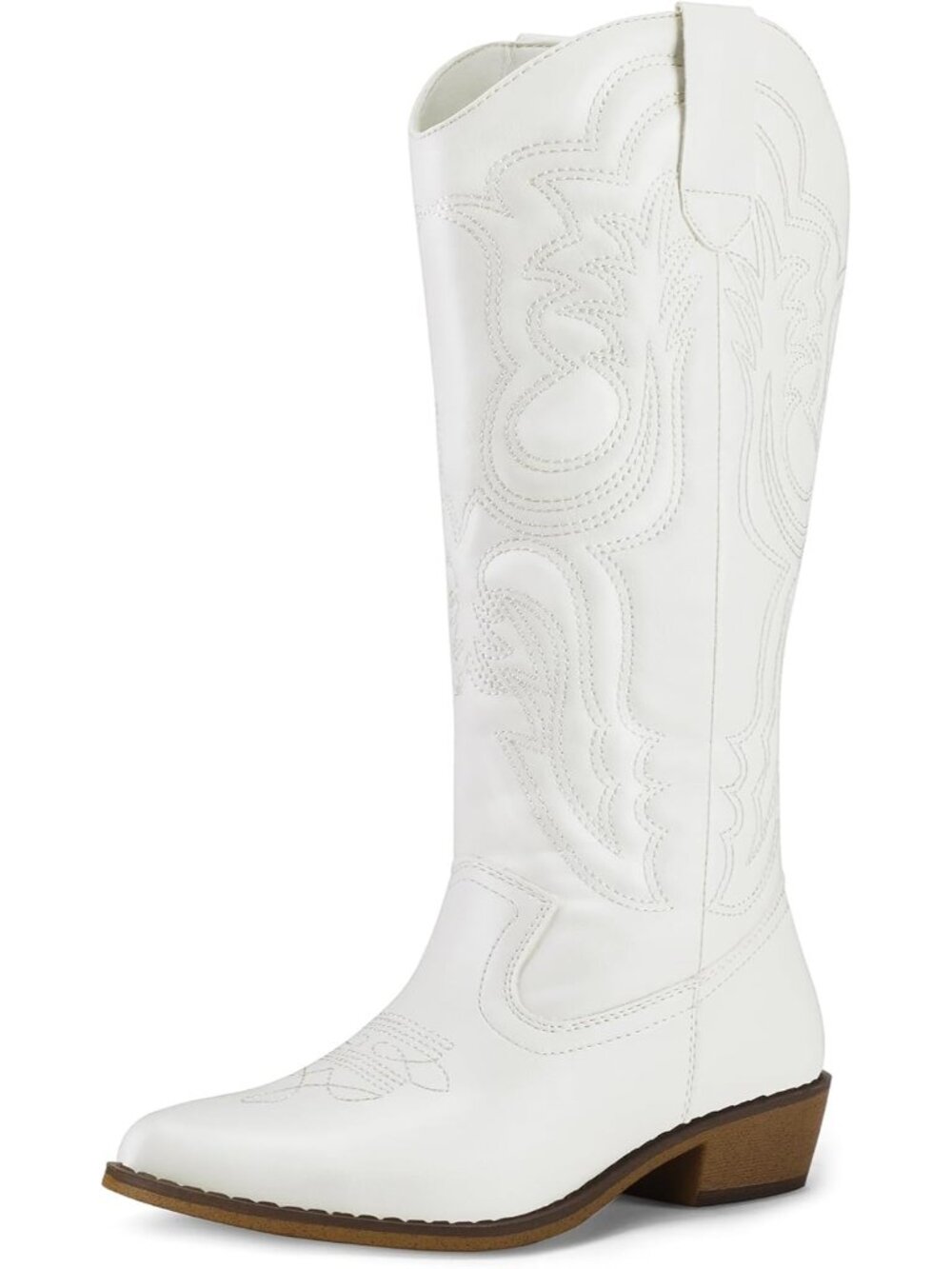 Women’s White Mid-Calf Cowboy Boots Embroidered Pointed Toe Chunky Heel